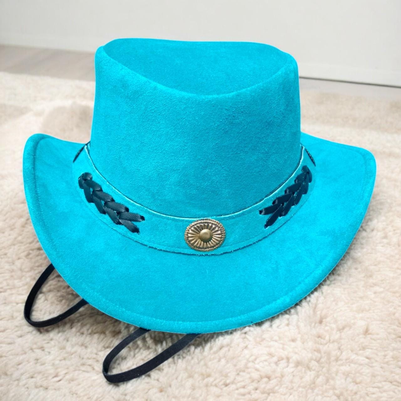 Vintage Made in USA Leather Suede Teal Hat A refined detail for a well-worn hat. The Turquoise Lotus  main image 2