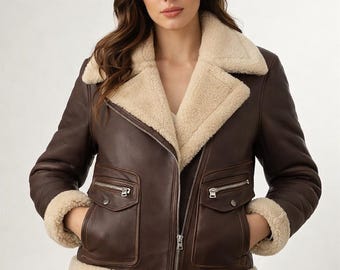 Handgefertigte Lammfell Lederjacke, Braunes Kunstfell Gefüttert, Warmer Aviator Stil Mantel Frauen