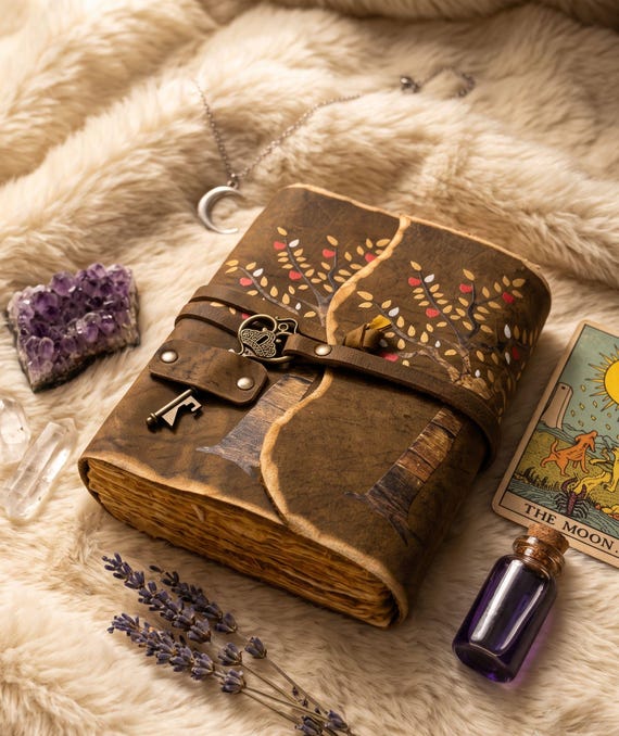 Tree of Life Leather Journal, Handmade with Heart Leaves, Wrap Notebook with Key Charm, Deckle Edge Diary, Witchy Grimoi