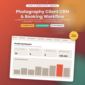 Modelo de CRM para Fotógrafos | Controle de Clientes e Agendamentos | Fluxo de Leads, Faturas e Planejamento de Sessões | Planilhas Google Excel