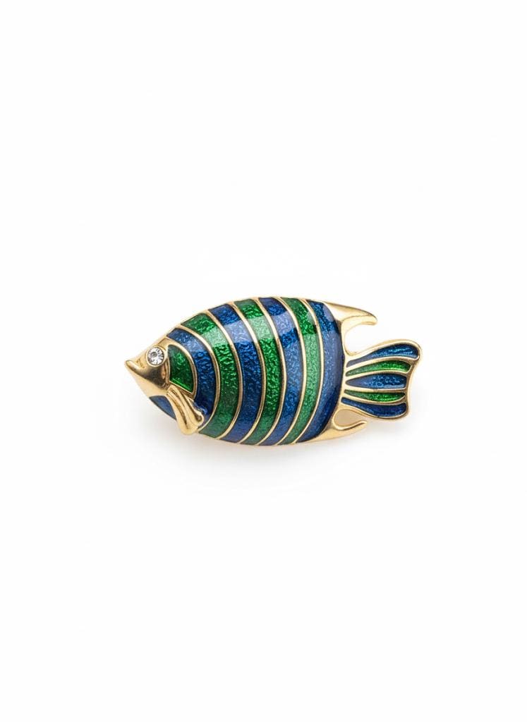Broche Fantaisie Poisson En Métal Doré Et émail Vert - Occasion