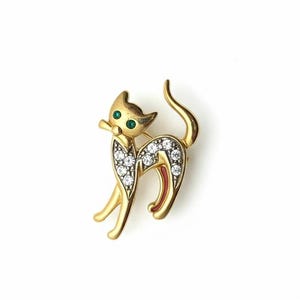 Broche Chat Assis - Émail Brun/Roux Sur Métal Doré, Yeux Strass Blancs