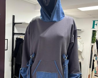 Orion II Oversized Hoodie with Denim Details, Adjustable Sides, Cotton 500g, Urban Contemporary Sweatshirt