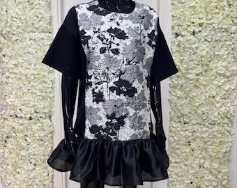 Umbra Reflex – Black & Silver Textured Mini Dress, Brocade Statement Dress, Voluminous Ruffle Hem, Florance