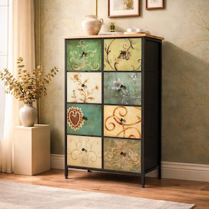 May include: A black metal cabinet with eight drawers, each featuring a unique floral design in shades of green, yellow, and blue. The cabinet has a wooden top and black knobs. The cabinet is placed on a light-colored rug.