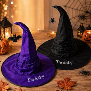 Può includere: Due cappelli a punta, uno viola e uno nero, entrambi con il nome Teddy ricamato in bianco sulla tesa. Il cappello viola presenta un pipistrello nero appeso, mentre il cappello nero ha un ragno nero che pende dalla punta superiore.