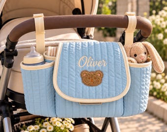 Organizador personalizado para cochecito, organizador bordado con osito de peluche, bolsa de almacenamiento para bebé, regalo para baby shower, regalo para mamá primeriza