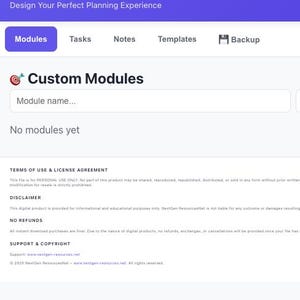 Puede incluir: Interfaz digital para un sistema de planificación modular personalizable. El banner superior dice "Customizable Modular Planner System" en texto blanco sobre un fondo morado. La interfaz incluye opciones para módulos, tareas, notas, plantillas y copia de seguridad.