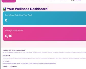 Wellness & Self-Care Journey Planner | Mood Tracker | Activity Logger | Mental Health