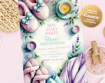Spa Jama Birthday Invitation, Glam Birthday Party, Girls Spa Birthday, Spa Party Invitation, Tween Girl Pamper Party Editable Canva Template