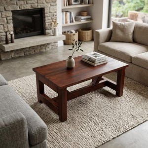 May include: A rectangular dark brown wooden coffee table with a thick tabletop and sturdy block legs. The table features a horizontal support beam connecting the legs and is positioned on a textured beige area rug in a living room setting.