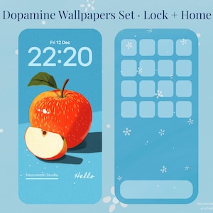 Può includere: Set di sfondi digitali per telefono, con design per schermata di blocco e schermata iniziale. La schermata di blocco mostra un'illustrazione di mela con ora e data. La schermata iniziale ha una griglia di icone delle app. Testo: "Dopamine Wallpapers Set" e "Hello".