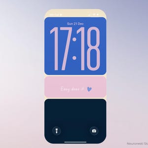 May include: A smartphone lock screen shows the time 17:18 in large, light purple digits against a blue background. Below, a pink rectangle reads "Easy does it" with a blue heart. The bottom section is dark blue.