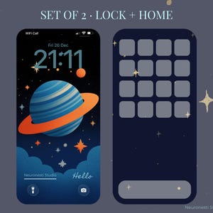 Pode incluir: Dois papéis de parede para telemóvel. Um apresenta um planeta azul com um anel laranja, estrelas e o texto "Hello". O outro tem uma grelha de ícones de aplicações. O texto "SET OF 2 • LOCK + HOME" está no topo.