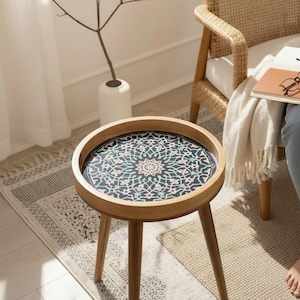 Handgefertigter Holz Runder Zahara Beistelltisch, Moderner Handwerker Mandala Muster Sofa Beistelltisch
