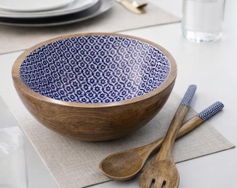 Handmade Mango wood Sambhal Bluish Design Salad Bowl Set with Spoons