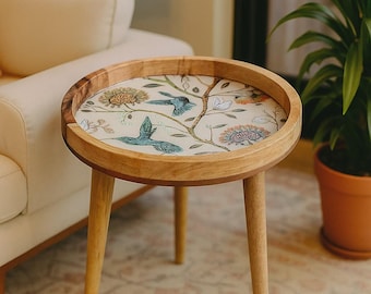 Handcrafted Mango Wood Side Round Table Blue Birds Sofa Side Table Decor