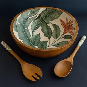 Può includere: Insalatiera ovale in legno con un design botanico di foglie verdi e un fiore arancione. Include due posate da insalata in legno con accenti di foglie abbinati. La ciotola ha una finitura in legno naturale. Diametro: circa 30 cm.
