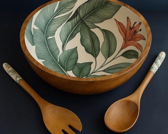 Handmade Mango wood OceanLeaf & Flower Design Salad Bowl Set with Spoons