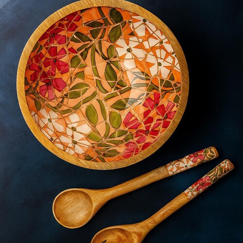 Ensemble de saladier fait main en bois de manguier, mosaïque et fleurs avec cuillères