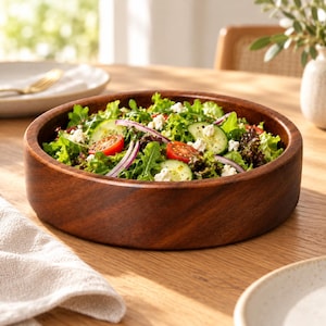 May include: A round, dark brown wooden bowl filled with a fresh salad containing green lettuce, sliced cucumbers, red cherry tomatoes, thin purple onion slivers, and crumbles of white cheese, presented on a light-colored wooden table surface.