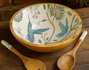 Handmade Mango Wood Large Bowl 12'' Hummingbird & Flower Design Salad Bowl Set with Spoons