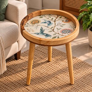 Handcrafted Mango Wood Side Table: Blue Birds Floral Design