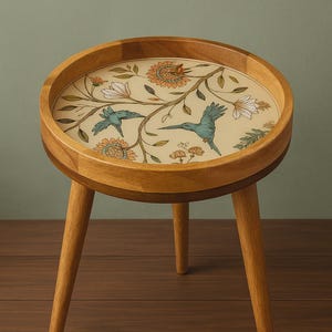 May include: A round wooden side table with a decorative top featuring a hummingbird and floral design. The table has three angled legs and a light brown finish. The top is approximately 46 cm in diameter.