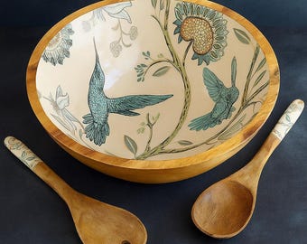 Handmade Mango Wood Hummingbird & Flower Design Salad Bowl Set with Spoons