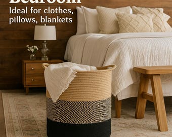 May include: A woven storage basket with a beige, black, and tan color scheme. The basket is in a bedroom setting, with a bed, nightstand, and rug visible. The word "Bedroom" is displayed at the top of the image.