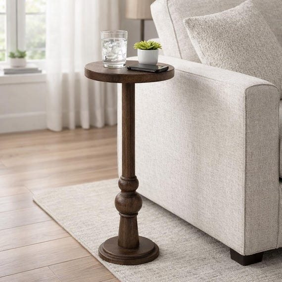 Handmade Wooden Round Pedestal Side Table Accent Table for Living Room, Bedroom, Coffee Table