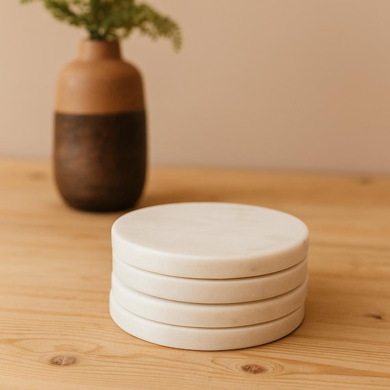 Handmade Pure White Marble Coasters Set of 4 | Luxury Polished Round Stone Drink Coasters