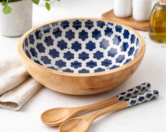 Handmade Mango Wood Capri Blue Salad Bowl Set with Spoons