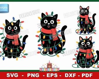 Kerstkat SVG-bundel | 4 schattige zwarte kattenontwerpen met kerstverlichting | PNG dxf EPS Pdf voor Cricut en Silhouette