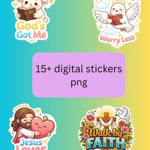 May include: A collection of digital stickers with religious themes. The stickers feature illustrations of a lamb, dove, Jesus, and a cross, each accompanied by inspirational text such as "God's Got Me" and "Walk by Faith". The image includes the text "15+ digital stickers png".