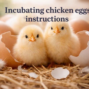 Puede incluir: Dos pollitos amarillos y esponjosos están sentados en un nido de paja, junto a huevos marrones y blancos agrietados. La imagen incluye el texto "Incubating chicken eggs instructions". Plumas y vegetación están esparcidas alrededor de los pollitos.
