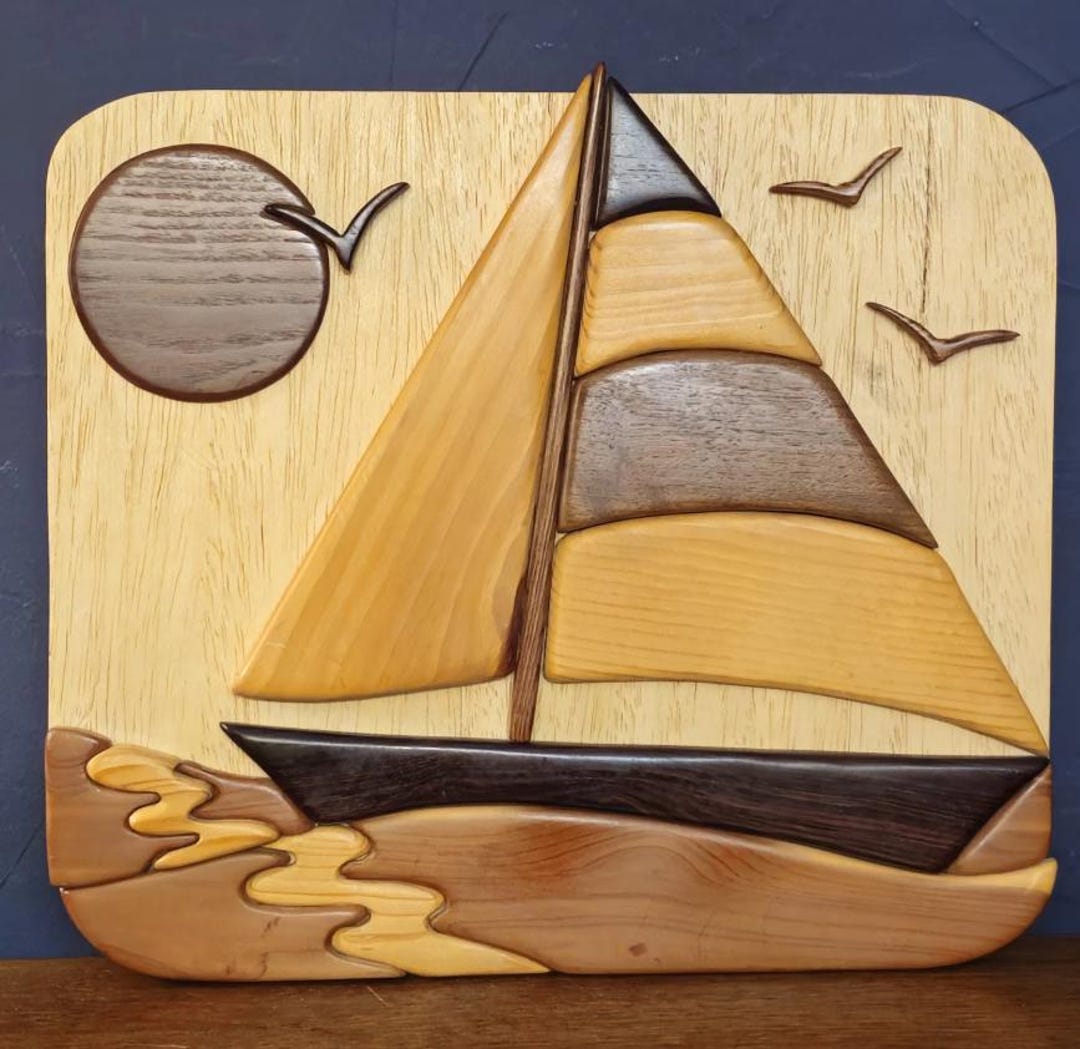 Vintage Handmade Intarsia Sailboat Wall Art • Exotic Woods • Signed ...
