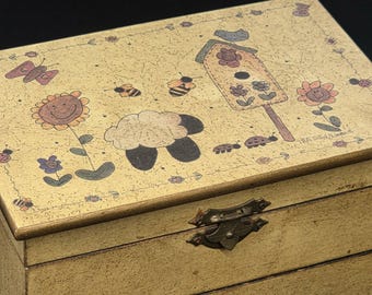 Vintage Tressa Linda Stubbs Wood Box Sheep Sunflower Birdhouse Art Americana Keepsake Chest