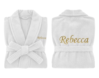 Albornoz de toalla de felpa con bordado personalizado en la espalda y fuente. Nombre personalizado. Para hombre y mujer, ideal para bodas, spas y hoteles.
