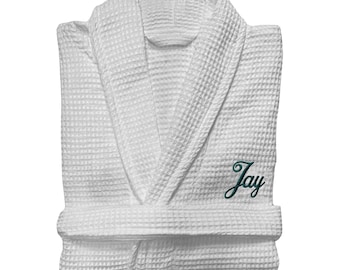Albornoz de gofre personalizado con nombre personalizado para boda.