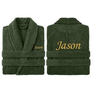 May include: A dark green terry cloth robe with a shawl collar and waist tie. The name "Jason" is embroidered in gold thread on the front and back of the robe. The robe is displayed from the front and back.