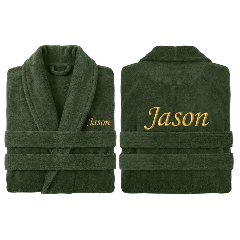 May include: A dark green terry cloth robe with a shawl collar and waist tie. The name "Jason" is embroidered in gold thread on the front and back of the robe. The robe is displayed from the front and back.