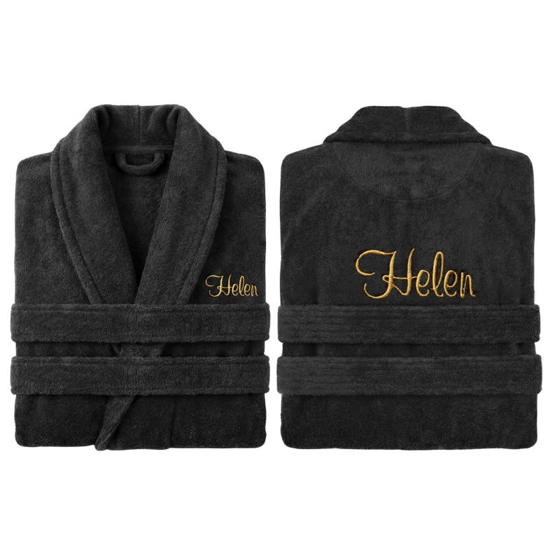 May include: Two views of a dark gray plush bathrobe with a shawl collar and belt. The name "Helen" is embroidered in gold script on the chest and back. The robe has wide sleeves and a thick belt.