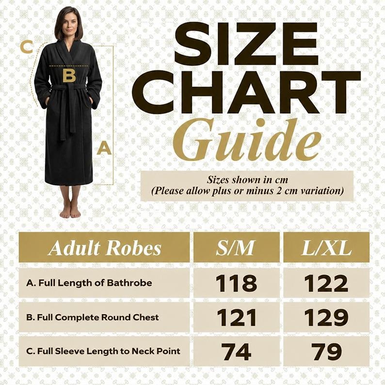 May include: A black adult robe with a size chart guide. The chart shows measurements in centimeters for S/M and L/XL sizes. The full length of the robe is 118 cm (46.5 inches) for S/M and 122 cm (48 inches) for L/XL.