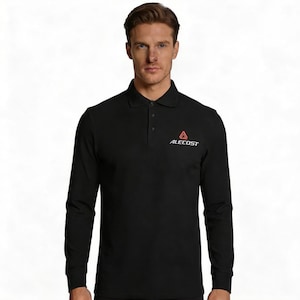 May include: Black long-sleeved polo shirt with a collar and a three-button placket. The shirt has a small red and white "ALECOST" logo on the left chest. The fabric appears to be soft and comfortable.