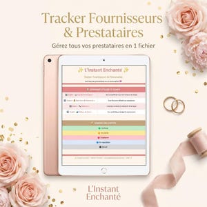 Könnte beinhalten: Ein roségoldenes Tablet zeigt eine französische Hochzeitsplaner-App-Oberfläche an. Der Bildschirm zeigt eine Anbieterliste mit Statusanzeigen und eine farbcodierte Legende. Das Bild ist mit Rosen, goldenen Ringen und Bändern dekoriert.