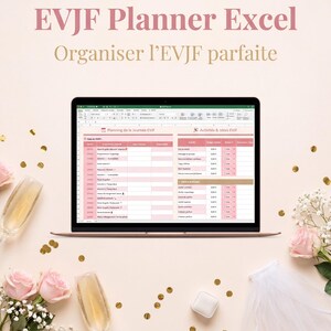 Peut inclure: Un ordinateur portable affiche un tableur Excel intitulé "EVJF Planner Excel" avec le texte "Organiser l'EVJF parfaite." L'image comprend des flûtes à champagne, des roses, des confettis et un voile, suggérant un thème de mariage.