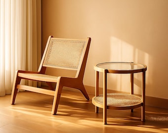Tsuki • Mesa lateral redonda Japandi em vidro e rattan · Mesa de centro redonda em madeira maciça · Mesa de apoio minimalista escandinava com prateleira de arrumação