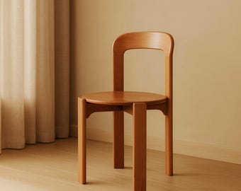 Pode incluir: Uma cadeira de madeira com assento redondo e encosto curvo. A cadeira é feita de madeira clara e tem um design simples e moderno. As pernas da cadeira são quadradas e resistentes. A cadeira está sobre um fundo neutro.
