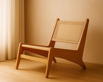 Pode incluir: Cadeira de madeira clara com encosto e assento tecido. A cadeira tem um design minimalista com pernas anguladas e um encosto retangular. A madeira tem um acabamento natural e a cadeira está sobre um fundo neutro.